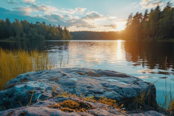 Peaceful sunset by a serene lake, view from a moss-covered rock on the shore, warm light reflection