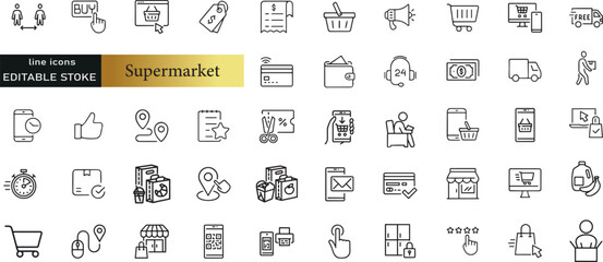 Supermarket departments and services, thin line icon set 2 of 3. Symbol collection in transparent background. Editable vector stroke. 512x512 Pixel Perfect.