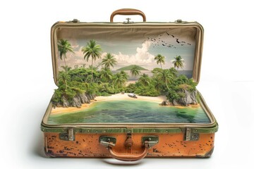 Opened travel suitcase with paradise destination inside isolated om white background