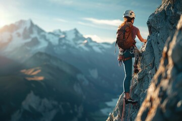 Female climber with gear advances on a steep rock face against a backdrop of majestic snowy...