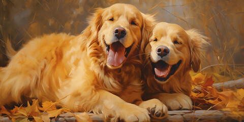A pair of golden retrievers sharing a playful embrace, their joyful expressions capturing the essence of canine companionship. 