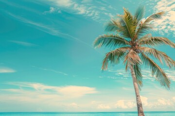 Fototapeta na wymiar Palm tree on tropical beach with blue sky and white clouds abstract background. Copy space of summer vacation and business travel concept - generative ai