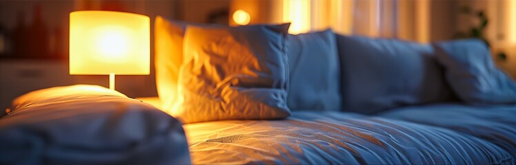 Cozy Bedroom Setup with Comfortable Bedding and Soft Lighting, Ideal for Relaxation and Sleep