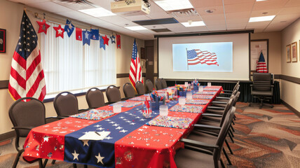 meeting room festively decorated with patriotic decor, including American flags, a stars-and-stripes tablecloth, and matching balloons, set for a Labor Day celebration