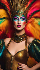 Portrait of a model with a colorful feathered headpiece and vibrant makeup