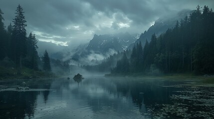 a person is rowing a boat on a lake in the mountains with fog and clouds in the sky above