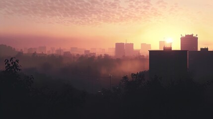 a city skyline with a hazy sky and a sun setting in the distance with clouds