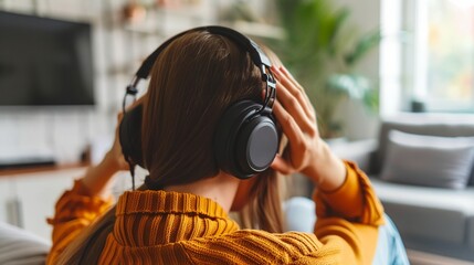a man wearing headphones is sitting on a couch and listening to music - 784752520