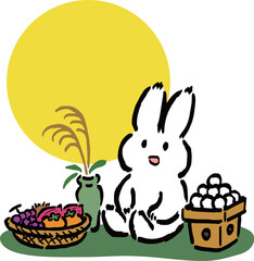 お供えを飾りお月見をするうさぎのイラスト　満月背景あり