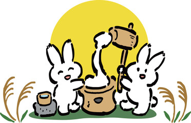 お月見に備えて餅つきをする2羽のうさぎのイラスト　満月背景あり