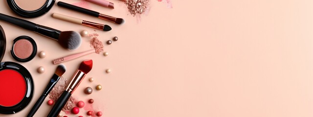 a pink background with makeup and cosmetics items on it - 784752586