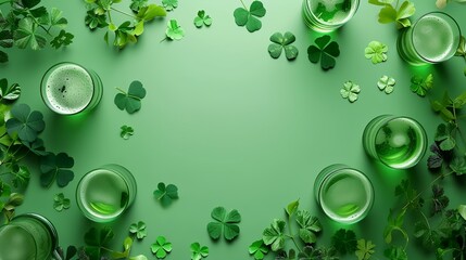 a green background with shamrocks and glasses - 784752726