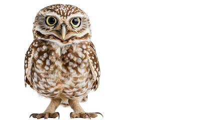 Naklejka premium Burrowing Owl Small brown and white owl with large yellow eyes standing against a plain light background.