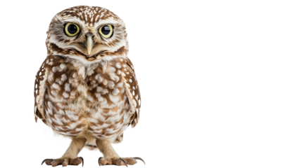 Burrowing Owl Small brown and white owl with large yellow eyes standing against a plain light background.