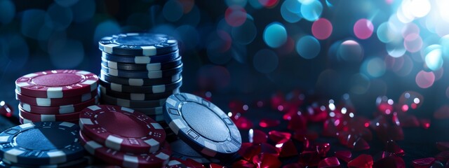 a pile of poker chips sitting on top of each other on a table - obrazy, fototapety, plakaty