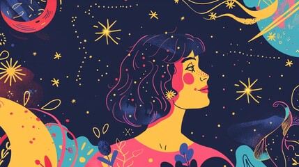 a painting of a woman's face with a moon and stars in the background - 784752763