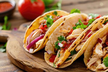 Top View of Flavorful Chicken Tacos with Spicy Salsa, Onions, and Mexican Sauce - A Delicious Mexican Food Favorite