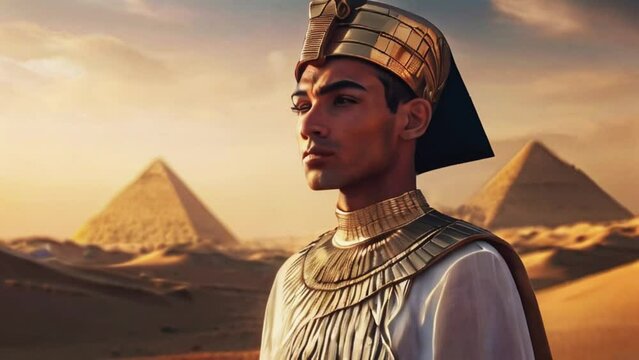 Egyptian pharaoh in summer sunset with pyramids in background, generative AI