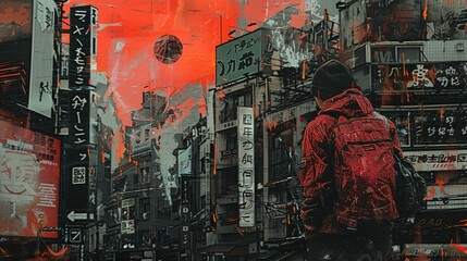 a man in a red jacket is walking down a street - 784752913