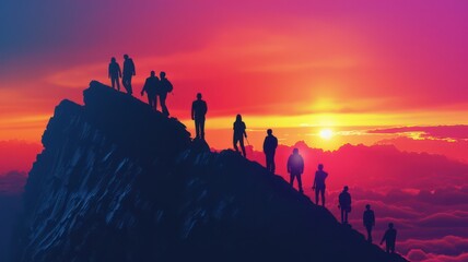 Several people climbing on a mountain summit at sunset created with Generative AI - obrazy, fototapety, plakaty
