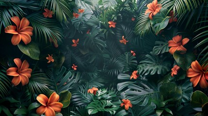 a painting of tropical plants and flowers - 784752941