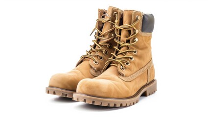Used Army Boots on White Background for Soldiers and Military Personnel: Brown Battle Footwear Object