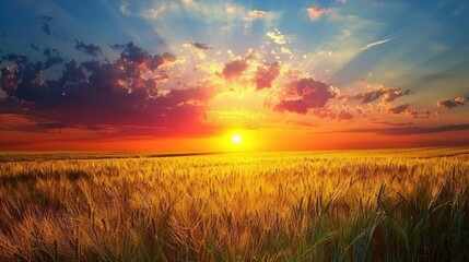 Serene Harvest Sunset Over Golden Fields Landscape