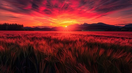 Naklejka premium Tranquil Sunset Over Field and Water with Vibrant Colors