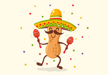 Vector illustration of peanut in sombrero for Cinco de mayo festival.