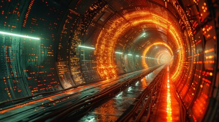 Futuristic digital tunnel with vibrant neon lights and data stream