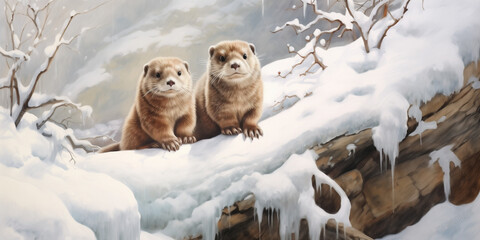 A pair of otters sliding down a snowy slope, their playful antics and delighted chirps echoing through the winter landscape.  - obrazy, fototapety, plakaty