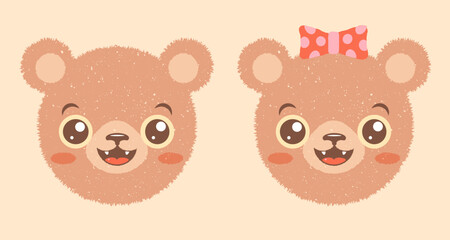 Vector illustration of head of a bear for children. Vector icon of kawaii bear for kids party. Baby bear emoji.