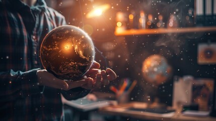 A student or scientist holds a globe, studying gravitational forces from the solar system that influence our planet - obrazy, fototapety, plakaty