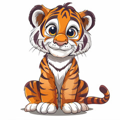 Cute tiger sitting on white background. Vector cartoon character illustration.