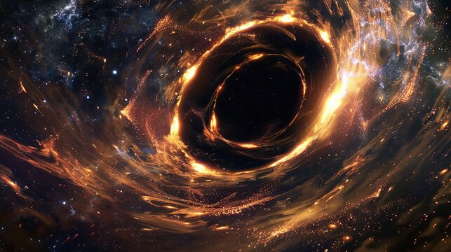 Abstract space wallpaper showing a black hole with star fields, resembling the letter 'O' and emitting sparks of light