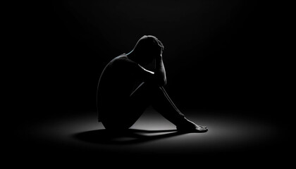 A shadowy figure of a man sitting alone, conveying emotions of sadness, worry, or fear on a black background mental health awareness