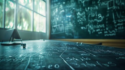 Blackboard filled with scientific formulas and calculations in physics and mathematics - obrazy, fototapety, plakaty