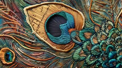 Peacock portrait in embroidery.