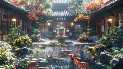 Serene traditional Asian courtyard with vibrant autumn foliage and tranquil pond