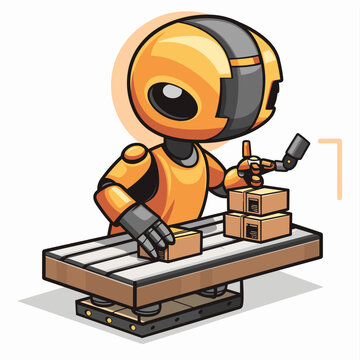 Cute robot working on a wooden table. Vector cartoon illustration.