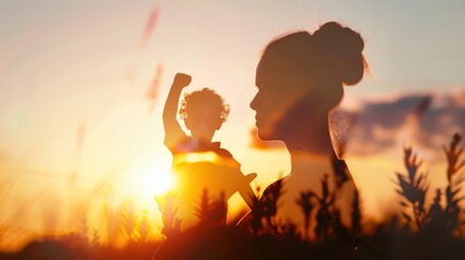 Silhouette of a harmonious family of happy young mothers, laughing and playing against the sunset background - obrazy, fototapety, plakaty