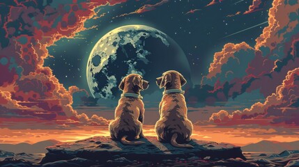Two adorable dachshunds gazing at a vast space landscape with moon and spaceship - obrazy, fototapety, plakaty