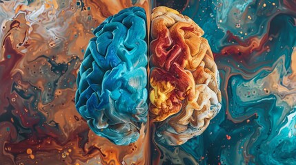 Creative representation of the human brain, contrasting creative and logical hemispheres related to education, science, and medicine