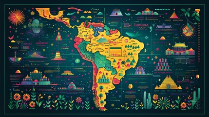 Colorful illustrated map of Latin America with cultural icons and landmarks - obrazy, fototapety, plakaty