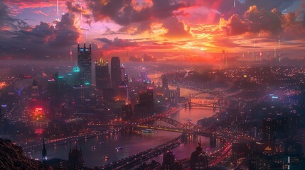 Futuristic cityscape at sunset with vibrant pink skies and flowing traffic - obrazy, fototapety, plakaty