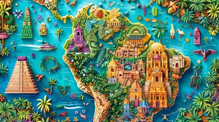 Colorful illustrated map of Latin America with cultural icons and landmarks