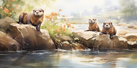 A pair of otters sliding down a riverbank together, their playful antics and joyful chirps echoing through the tranquil setting. --ar - obrazy, fototapety, plakaty