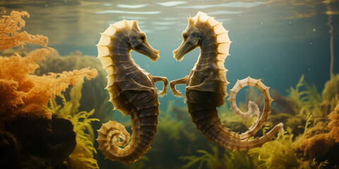 A pair of seahorses engaged in a delicate courtship dance, their tails entwined as they move in perfect harmony.  - obrazy, fototapety, plakaty