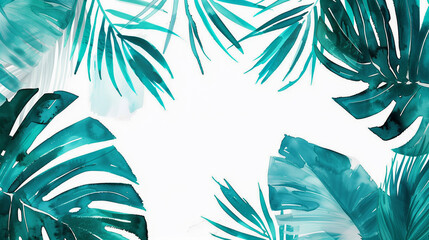 Pattern leaf, trendy tropical spring design. Jungle palm, summer background, watercolor illustration, copy space - 784754564