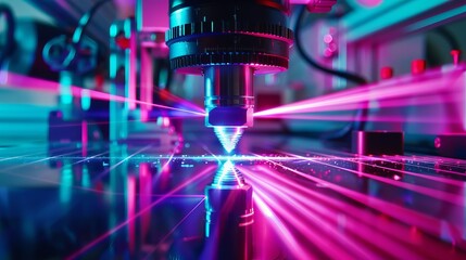 Laser beams active in an optical physics laboratory - obrazy, fototapety, plakaty